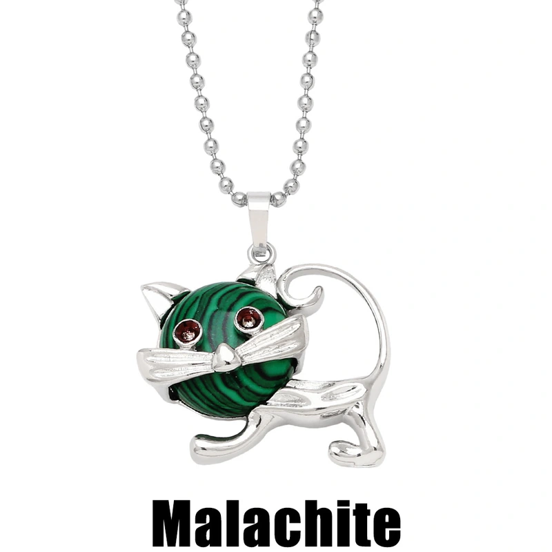European and American personality retro inlaid turquoise malachite cat pendant necklace female crystal agate accessories wholesale nkb580