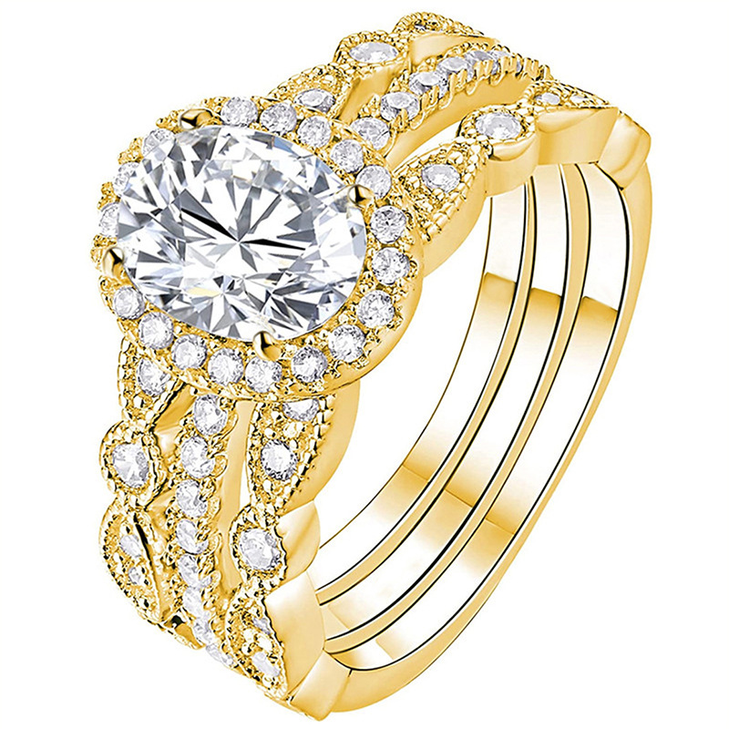  Wedding niche oval ring three-piece set fashionable French temperament ring popular wedding jewelry