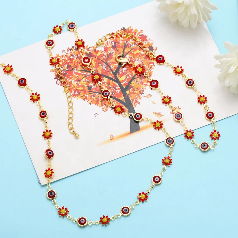 New jewelry niche personality small daisy splicing evil eye necklace bracelet jewelry set nkb538