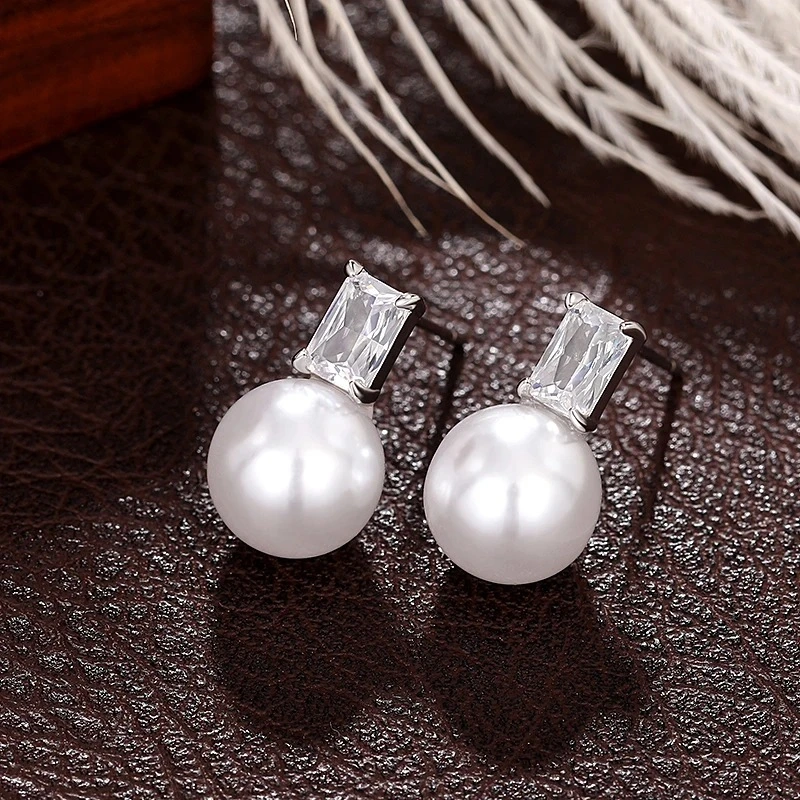 European and American large diameter imitation pearl earrings fashionable and simple style temperament square diamond earrings ladies earrings