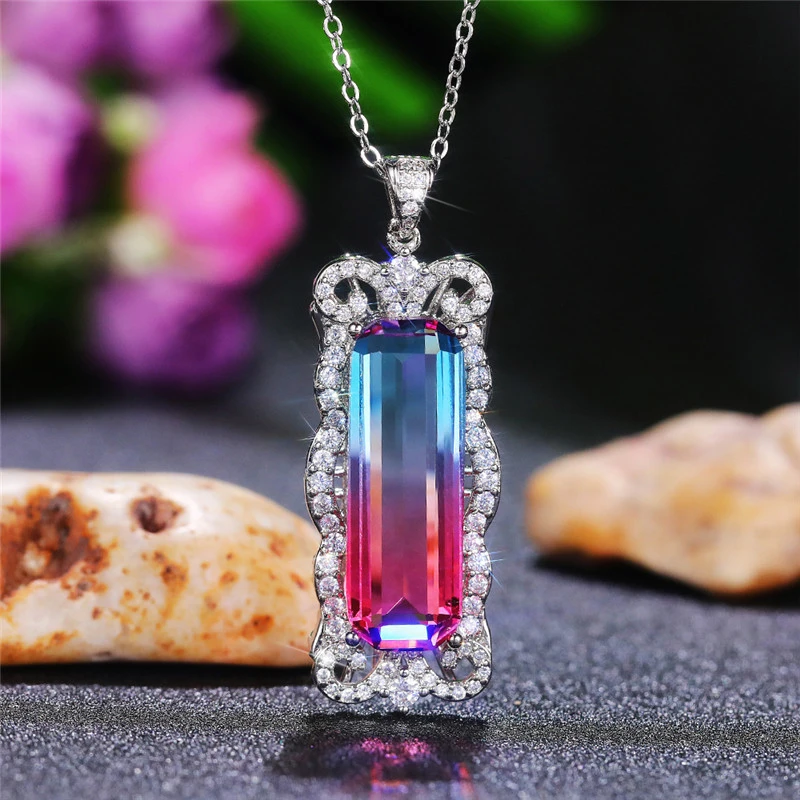 2022 Fashionable New Gradient Color Imitation Gemstone Pendant Necklace Inlaid with Zircon Necklace Party Jewelry