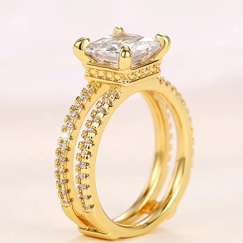   Hot selling double crown ring European and American square trendy princess jewelry super shiny four claw ring