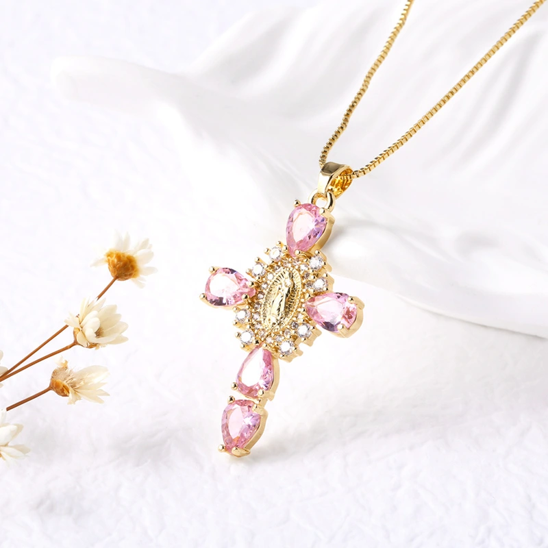AS jewelry European and American Virgin Mary cross pendant men and women's color zircon necklace nkb462