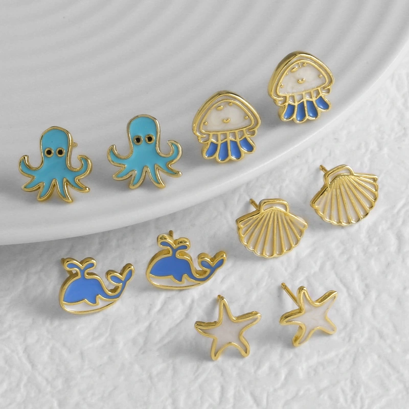 AS jewelry hot selling ocean wind drop oil shell octopus earrings copper plated 18k gold whale earrings erv42