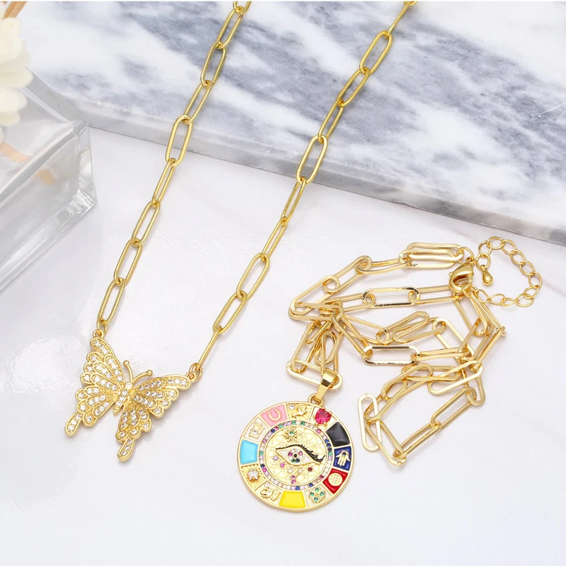Micro-inlaid colored zircon lucky charm pendant European and American fashion diamond butterfly necklace clavicle chain nkb114