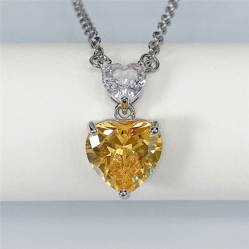 Korean style double heart pink diamond women's necklace cute peach heart zircon small pendant colored gem love pendant