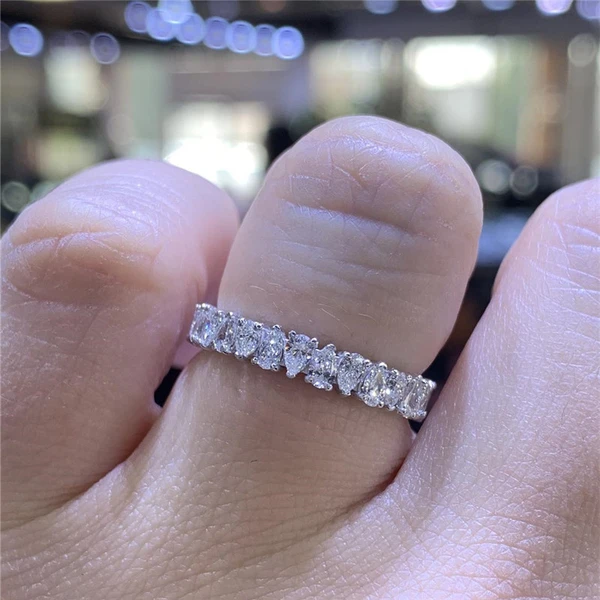 New European and American jewelry full circle inlaid with water drop zircon ring copper plated white gold personality geometric ring for women