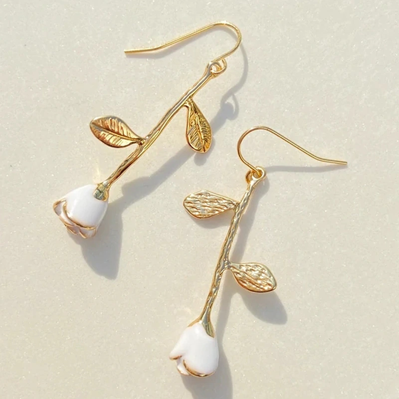 French romantic and gentle style rose branch earrings "White Rose" temperament versatile long earrings