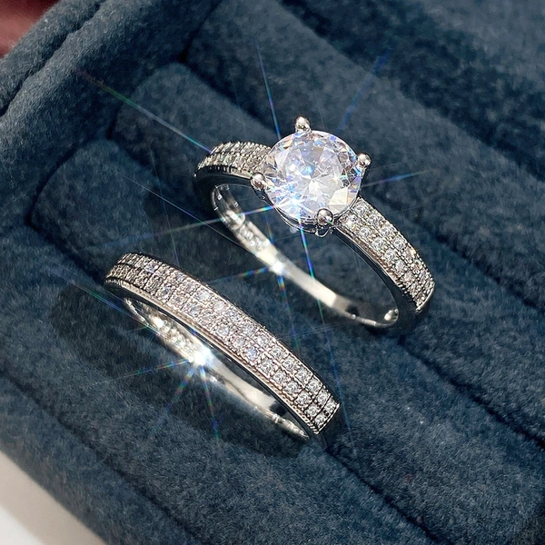 European and American simple round full diamond wedding banquet couple wedding ring combination ring