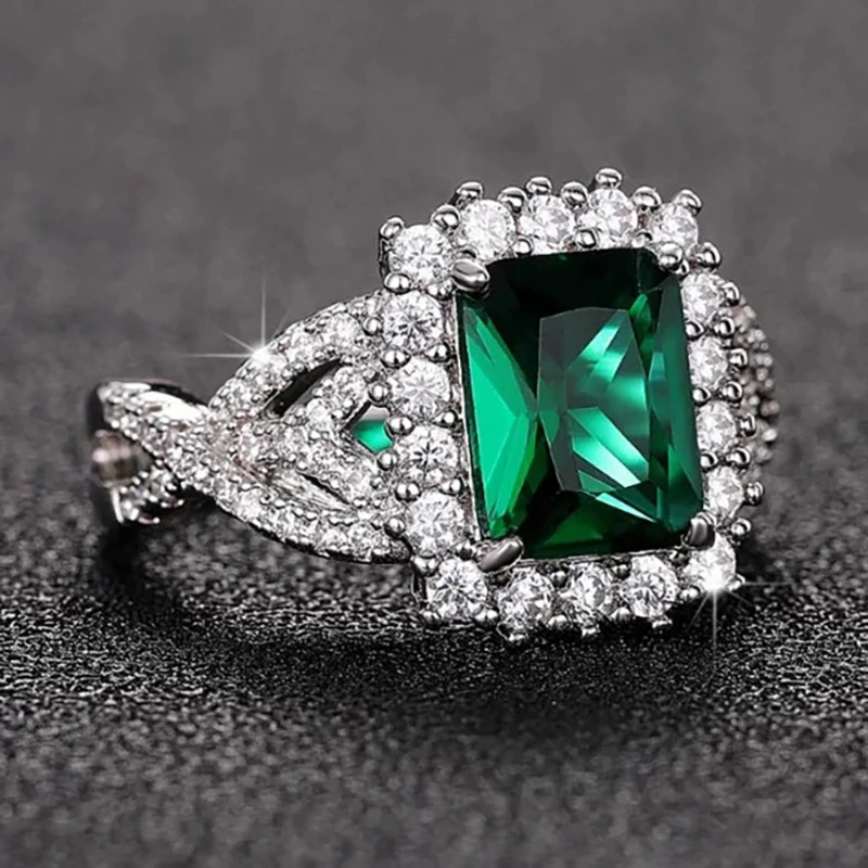  European and American retro rectangular green ring design temperament light luxury index finger ring cross pavé ring female