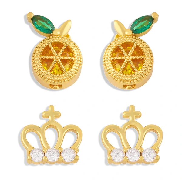 Clearance tide crown earrings niche design micro-inlaid zircon fruit earrings cute small earrings erx73