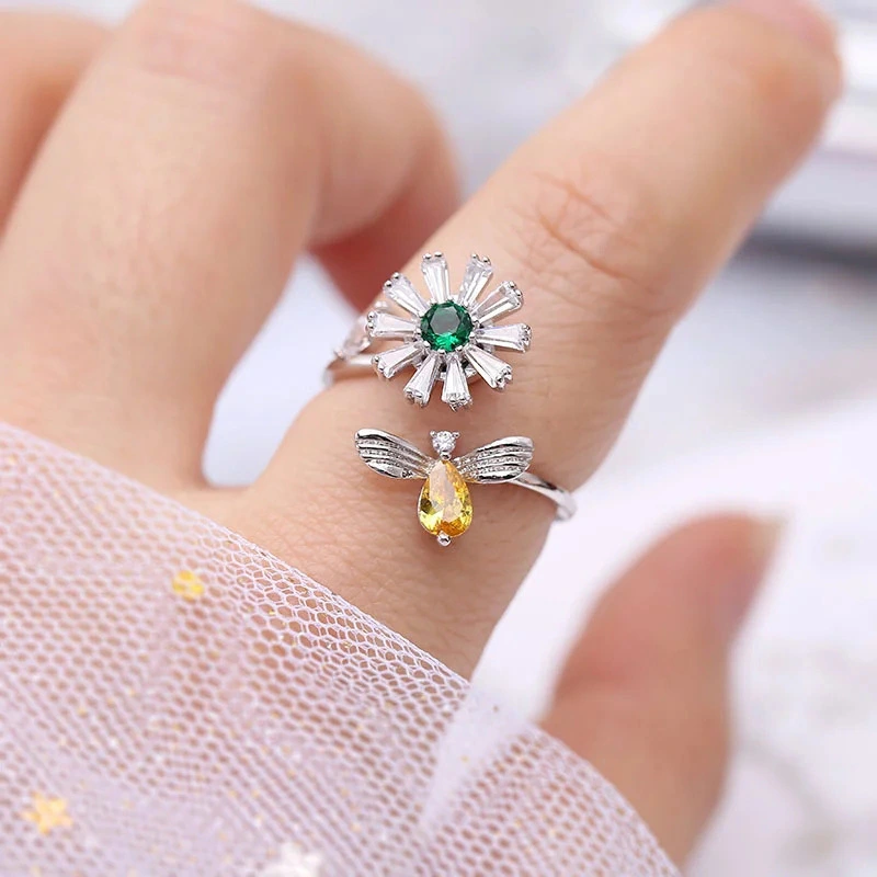 Personalized hot-selling super-shiny bee collecting honey sunflower open ring popular ring (non-rotatable)