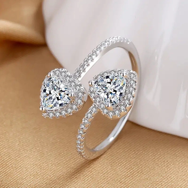 High-end fashion style open ring double heart zircon ring engagement ring true love law aesthetic ring