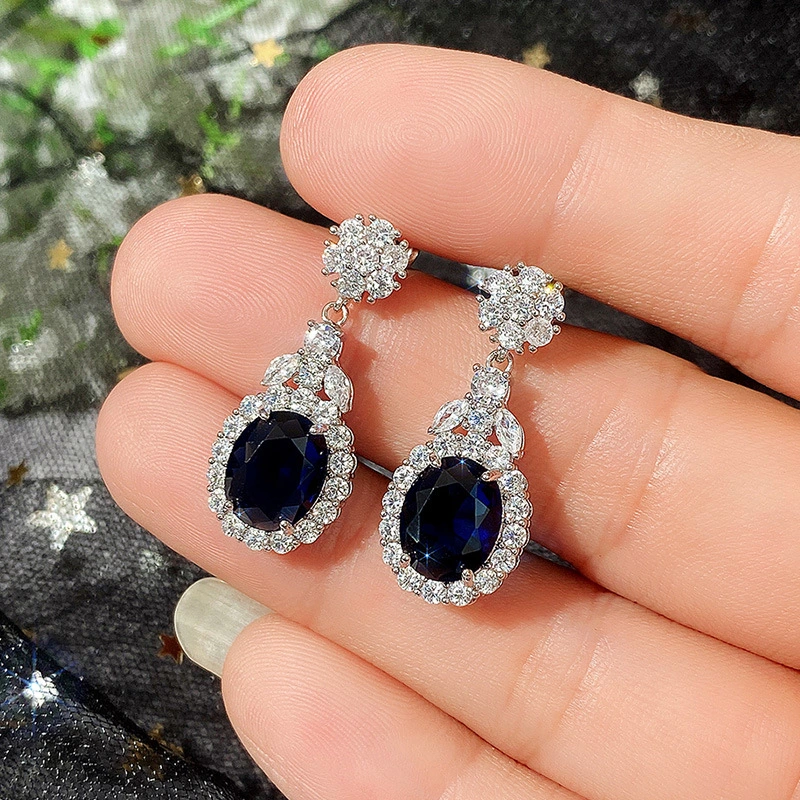 New style earrings European and American simple oval sapphire blue zircon earrings simulation women's jewelry wholesale