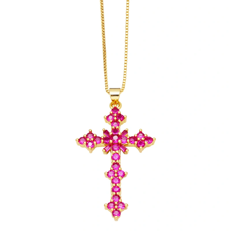 European and American jewelry micro-inlaid colored zircon cross pendant necklace hip hop retro clavicle chain nks87