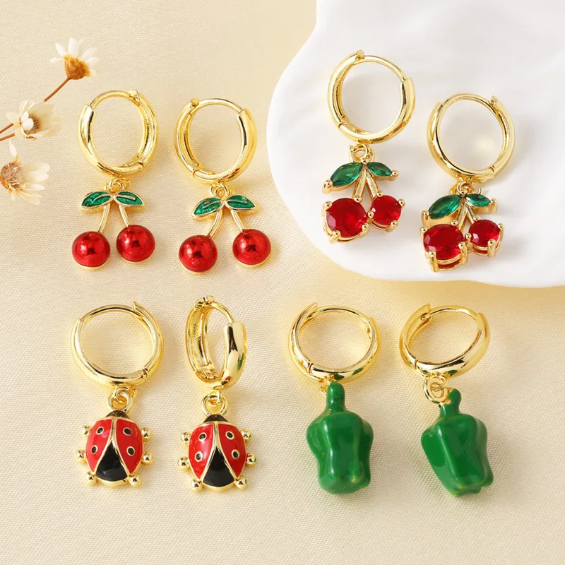 AS jewelry European and American hot-selling copper plated real gold fruit cherry insect pendant earrings earrings female era039