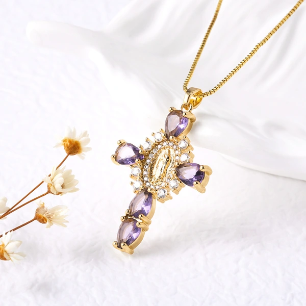 AS jewelry European and American Virgin Mary cross pendant men and women's color zircon necklace nkb462