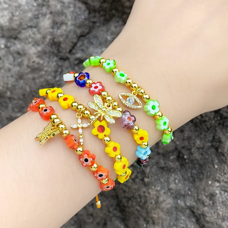 Clearance hot sale retro candy color glass flower bracelet net celebrity fashion rainbow bracelet female brj84