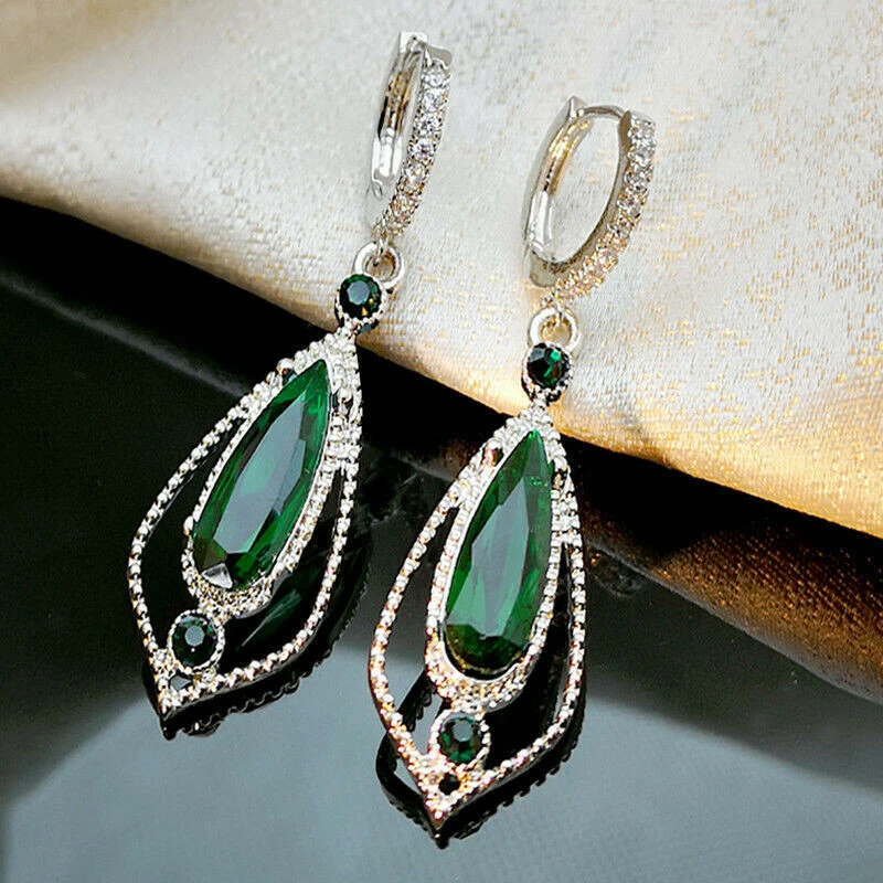 Luxury palace style emerald diamond zircon earrings European and American creative hollow water drop exaggerated earrings for women