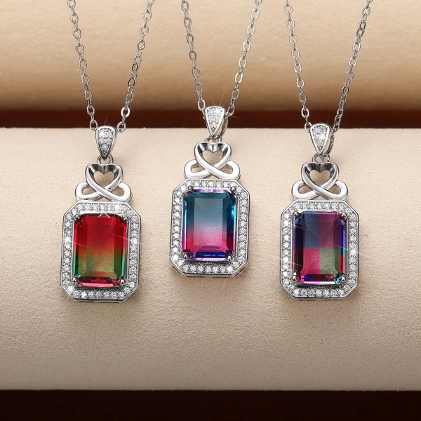 Fashionable and light luxury style colorful crystal necklace European and American square colored zircon pendant necklace socialite accessories