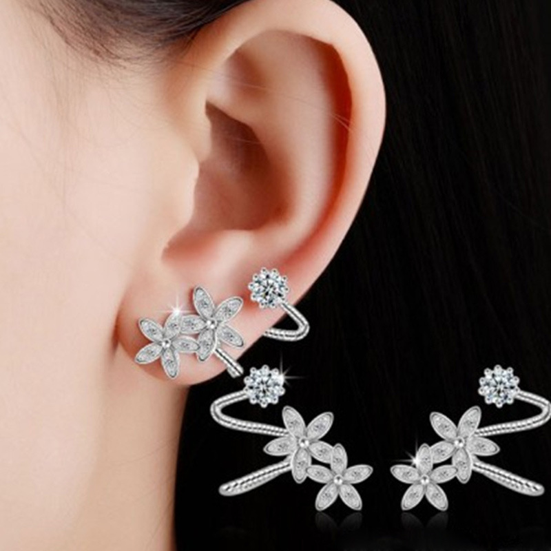 Exotic personality earrings double ear piercing flower zircon earrings one-piece earrings conjoined ear clips for women