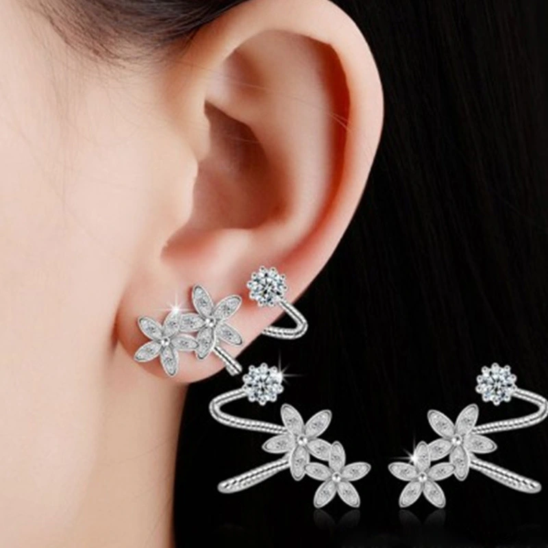 Exotic personality earrings double ear piercing flower zircon earrings one-piece earrings conjoined ear clips for women