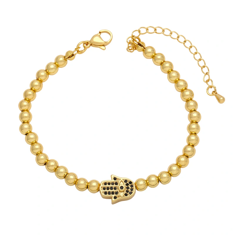 European and American personality hip-hop inlaid zircon Fatima hand bracelet female copper plated 18K gold round bead bracelet brc01