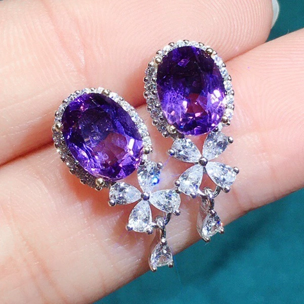 Stylish and dazzling amethyst earrings, fashionable and versatile, simple and short, light luxury earrings, popular online jewelry