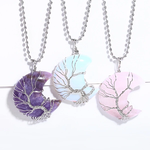 Hot selling crystal agate moon wrapped around the tree of life pendant necklace handmade fortune tree necklace nkb616