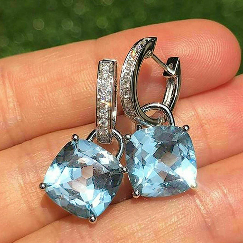 New earrings inlaid with light blue fat square zircon earrings Valentine's Day gift earrings wholesale