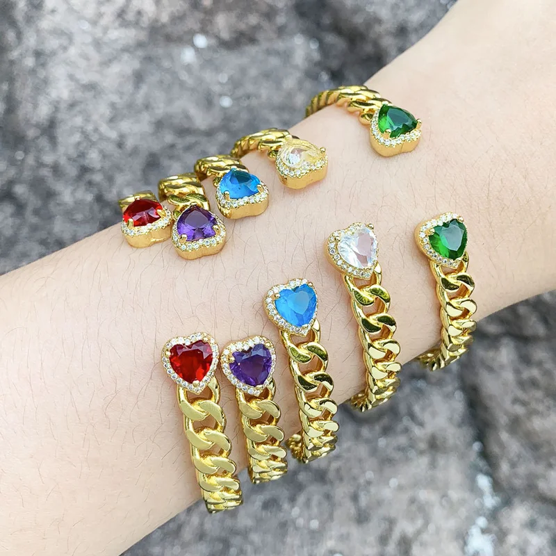 New exaggerated metal Cuban chain bracelet female European and American fashion inlaid heart-shaped zircon bracelet brj13