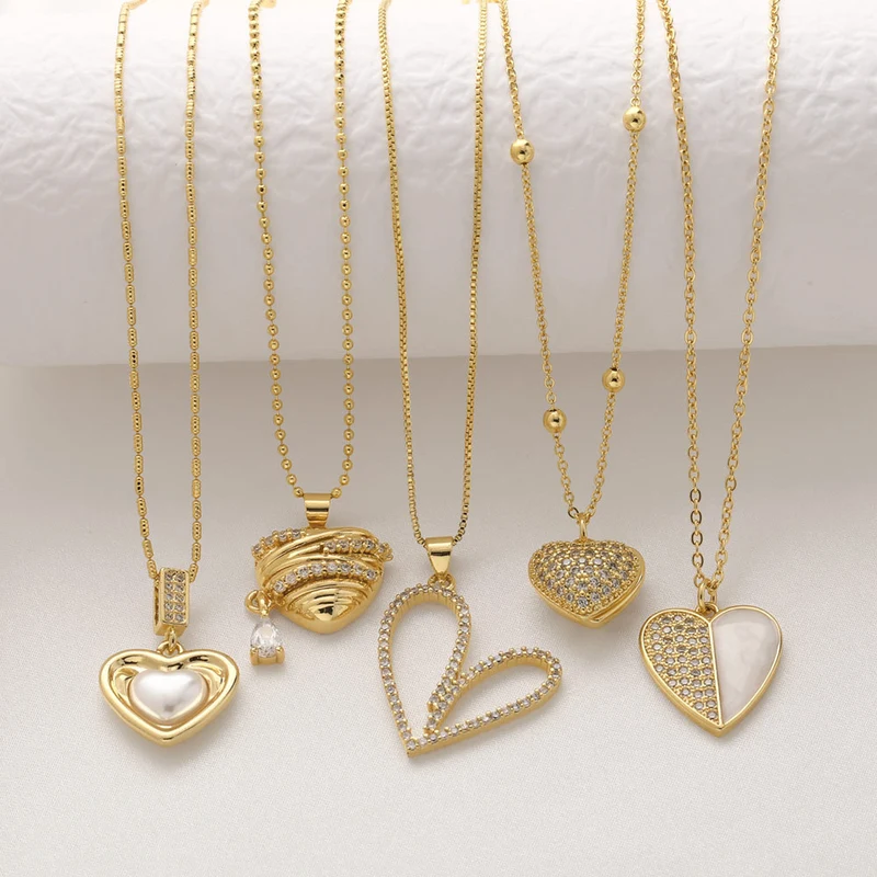 AS jewelry new hot selling pearl heart necklace copper plated real gold full zircon necklace clavicle chain nkb334