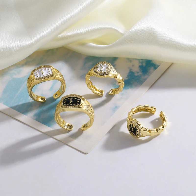 AS jewelry hot selling copper plated 18k gold drop oil watch clock open ring ring female riq50