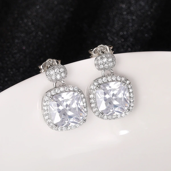 European and American new super flash square zircon short earrings versatile light luxury square retro earrings for women