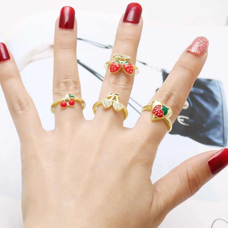 AS jewelry new hot selling copper plated 18k gold dripping oil fruit strawberry cherry ring ring rip36ring