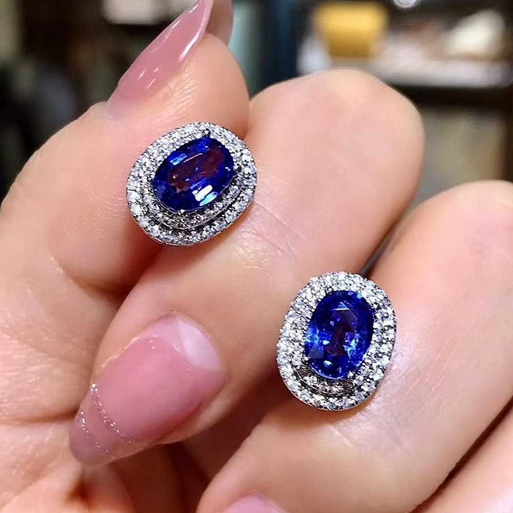 French retro women's earrings new royal blue oval zircon earrings Hong Kong style Hepburn temperament earrings