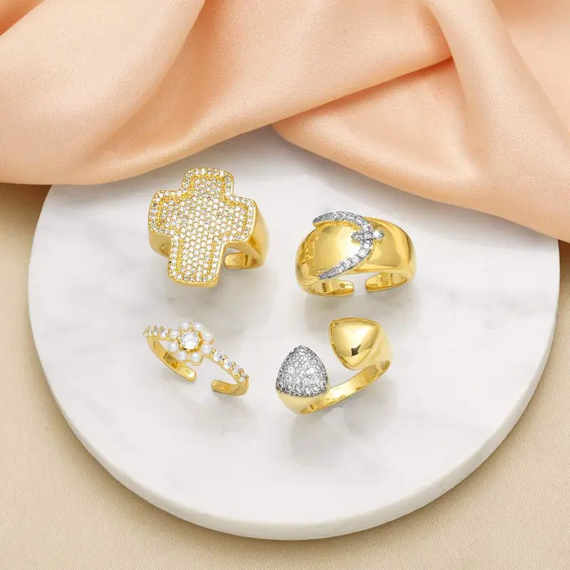 AS jewelry European and American new diamond cross open ring female gold-plated pearl flower ring rih86