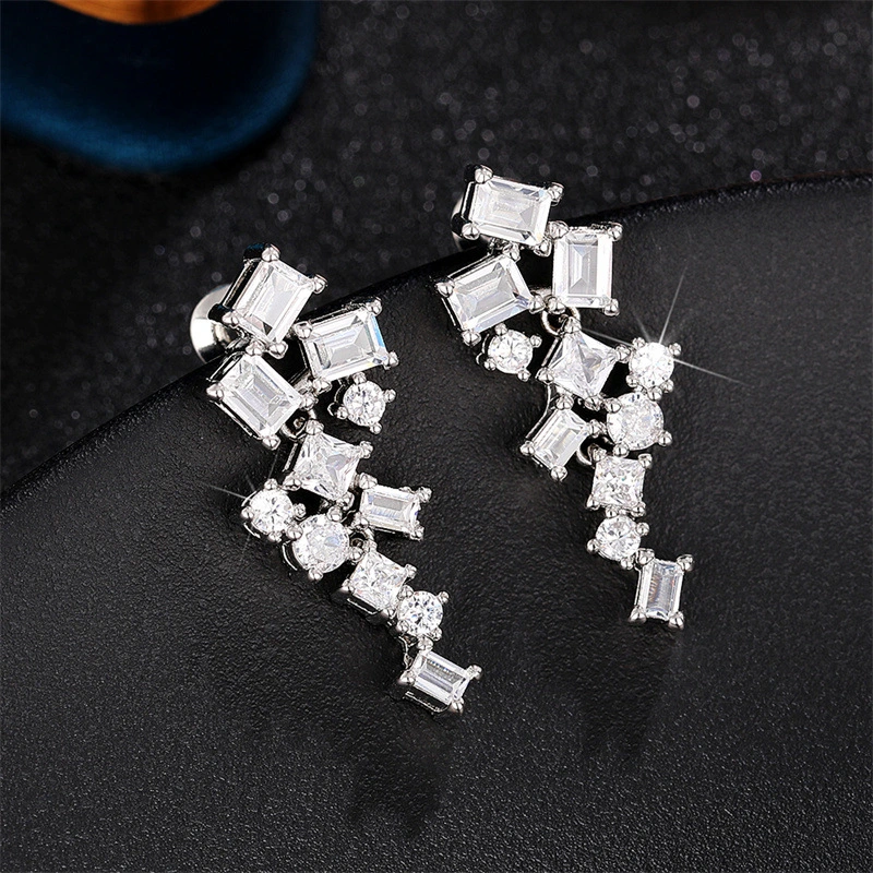 Japanese and Korean fresh and super shiny micro-inlaid zircon earrings diamond round square geometric earrings bridal earrings