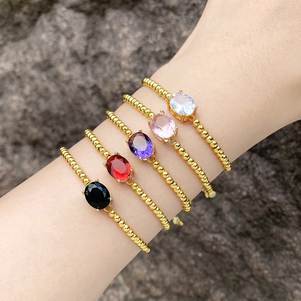 European and American INS fashion retro geometric oval zircon bracelet female pull-out adjustable round bead bracelet wholesale bre16