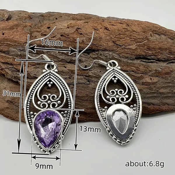  Retro alloy hollow purple earrings personality teardrop-shaped pendant ear hook floral design earrings