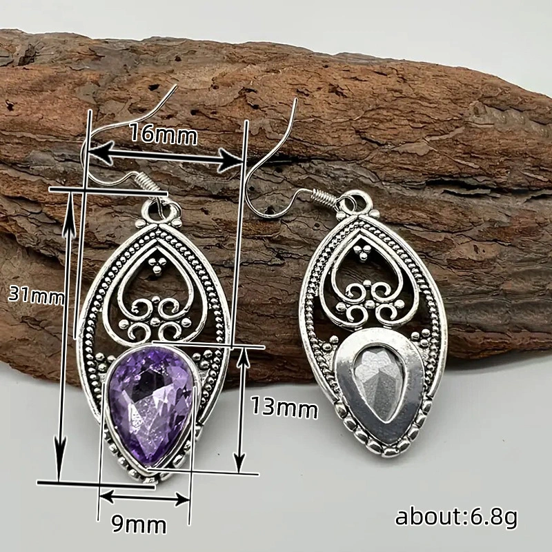  Retro alloy hollow purple earrings personality teardrop-shaped pendant ear hook floral design earrings
