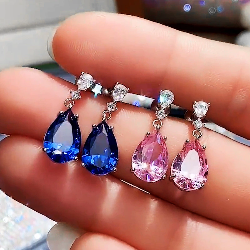New European and American earrings, elegant lady pink diamond pear-shaped teardrop earrings for women, strong jewelry factory supply