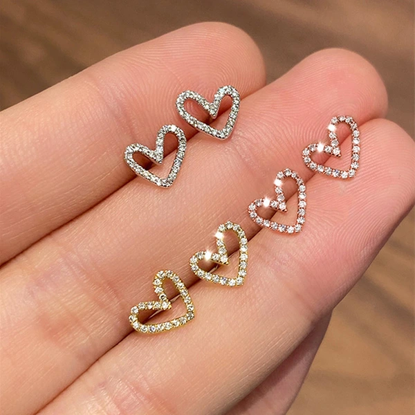  Korean hollow heart earrings hot sale micro inlaid sweet heart-shaped earrings Korean style simple peach heart female earrings