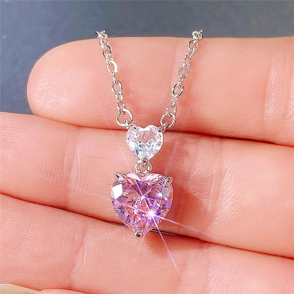 Korean style double heart pink diamond women's necklace cute peach heart zircon small pendant colored gem love pendant