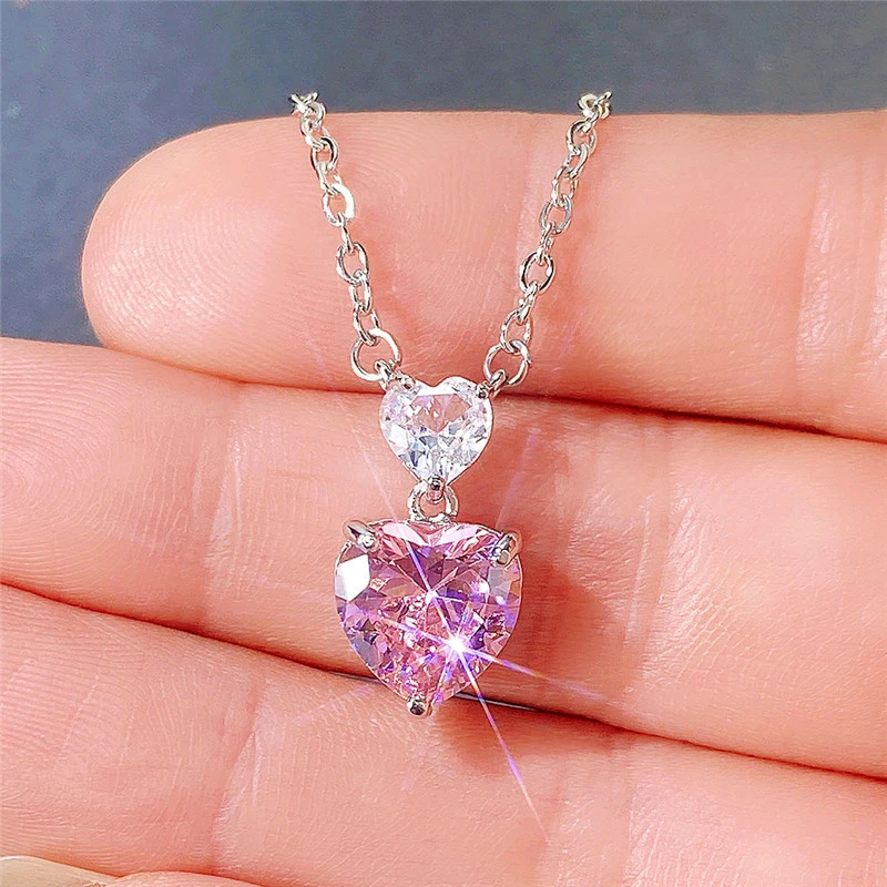 Korean style double heart pink diamond women's necklace cute peach heart zircon small pendant colored gem love pendant