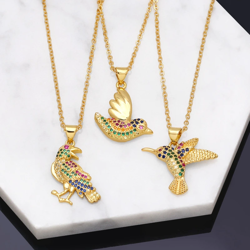 Hot selling micro-inlaid colored zircon animal necklace European and American style niche golden bird pendant nkb301