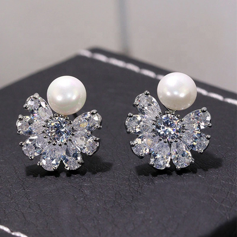 Korean style simple new earrings exquisite snowflake zircon imitation pearl earrings high-end lady temperament earrings