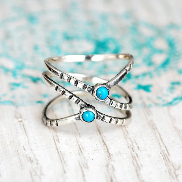   Hot selling retro single ring fashion popular geometric turquoise ring bohemian style ring