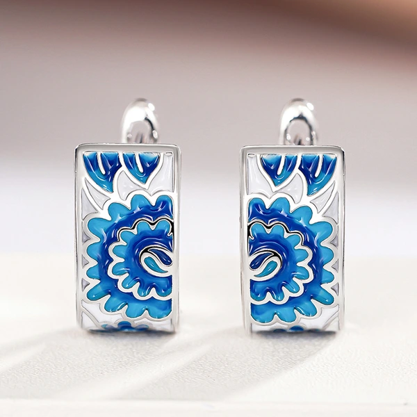 Metal painting oil ancient style earrings for women small fresh gradient flower ring blue and white porcelain elegant exquisite earrings