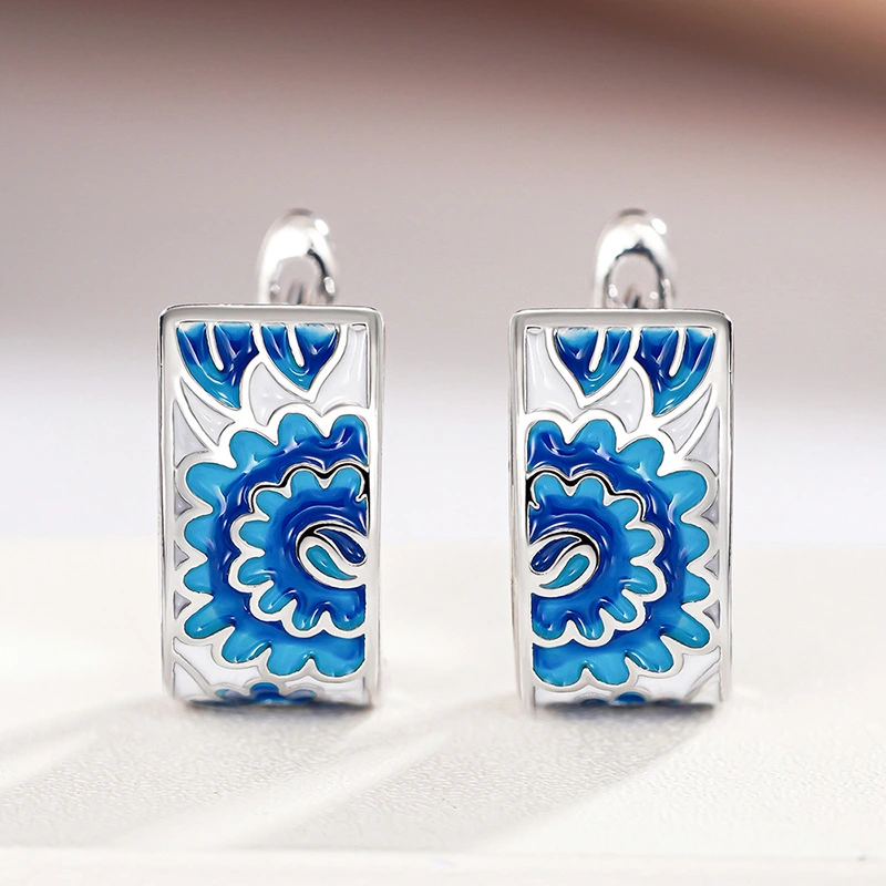 Metal painting oil ancient style earrings for women small fresh gradient flower ring blue and white porcelain elegant exquisite earrings